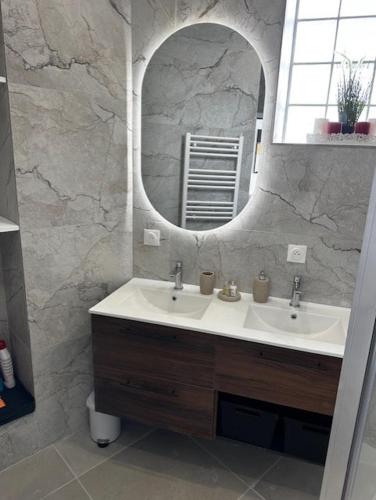 a bathroom with a sink and a mirror at Centre-ville de Saint-Brieuc in Saint-Brieuc