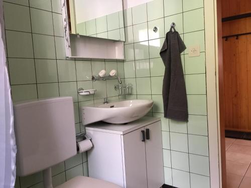 ein Bad mit einem Waschbecken und einem WC in der Unterkunft Chalet Wildbach in Adelboden