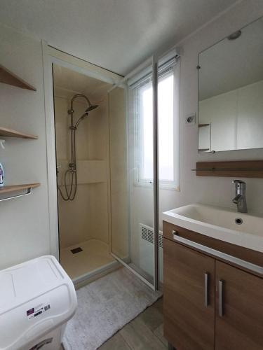 a bathroom with a shower and a toilet and a sink at Eucalyptus 24 du samedi au samedi location in Valras-Plage