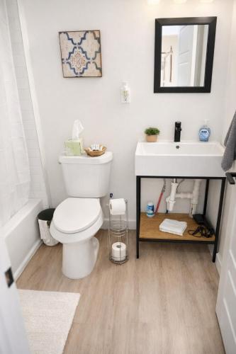 a bathroom with a toilet and a sink at Cozy Studio Downtown Detroit in Detroit