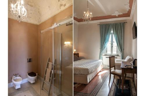 two pictures of a bedroom with a bed and a bathroom at Villa Garibaldi in Bettolle