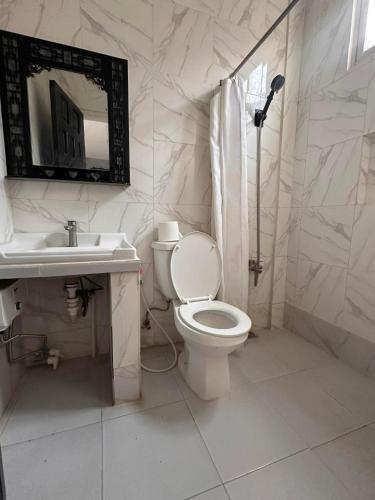 a bathroom with a toilet and a sink and a mirror at Pio's Place Hidden Resort in Namonitan