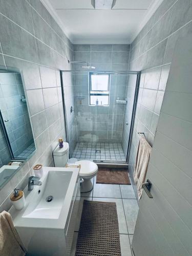a bathroom with a shower and a sink and a toilet at The Zhen in Strand