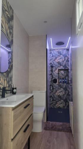 a bathroom with a toilet and a wall with a mural at Casa TataDora in Arucas
