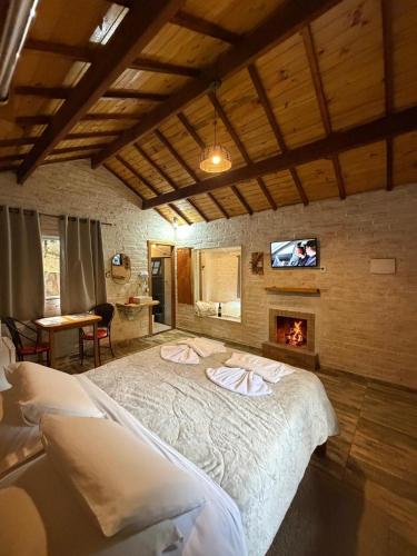 a bedroom with a large bed and a fireplace at Chalé Recanto dos Pinheiros in Monte Verde