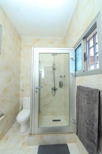 a bathroom with a shower and a toilet at Villa les 3 oisillons in Kribi