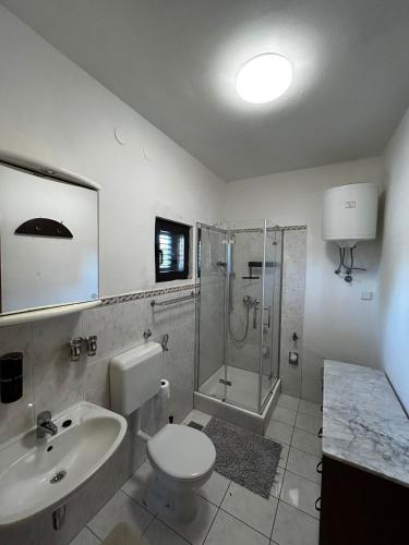 a bathroom with a toilet sink and a shower at Kuca Mir Seaside Apartments - 50m from Beach in Ugljan