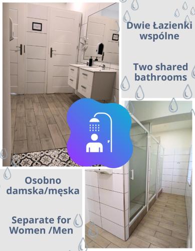 a collage of three pictures of a bathroom with a door at Pokoje w Centrum - Parking - Rowery in Sopot