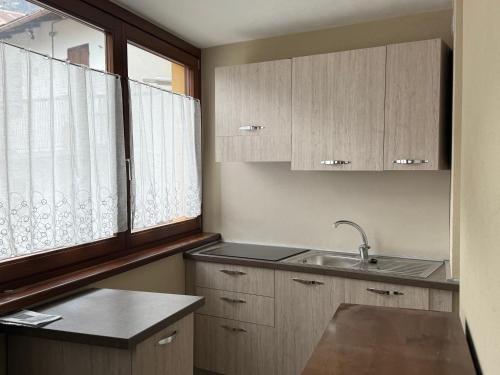 a kitchen with wooden cabinets and a sink and a window at Alloggio valle stura in Vinadio