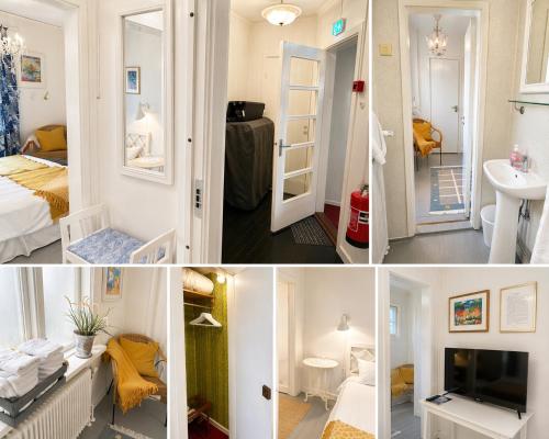 a collage of three pictures of a room at Furuliden Country Inn in Vittsjö