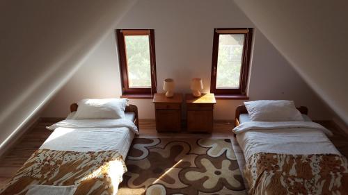 two beds in a room with two windows at Apartamenty Boszkowo in Boszkowo