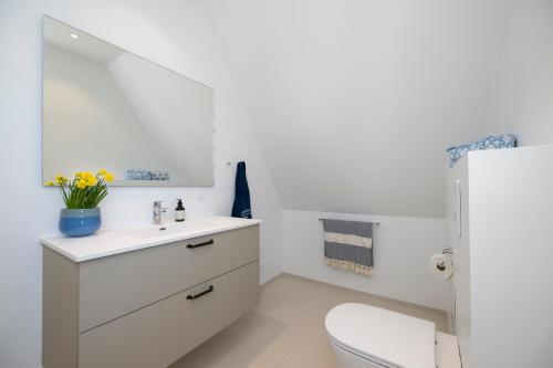 a white bathroom with a toilet and a sink at Lønstrup Apartments, Klitrose in Lønstrup