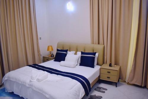 a bedroom with a large bed with blue and white pillows at DDS Homes Apartments in Dodoma