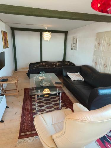 a living room with a black couch and a glass table at Gruse 9 Svaneke in Svaneke