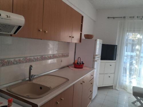 a kitchen with a sink and a refrigerator at NiRa house in Pefkochori