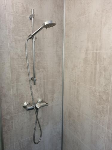 a shower with a shower head in a bathroom at Nordfjord Charm in Stårheim