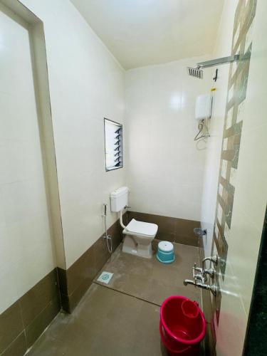a bathroom with a toilet and a red sink at manoj lodge in Sangamner
