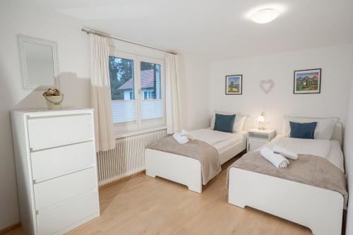 a bedroom with two beds and a window at Chalet zum See in Bregenz