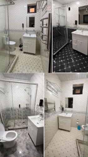 three pictures of a bathroom with a toilet and a shower at Hotel Madera in Tashkent