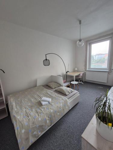 a bedroom with a bed and a table and a window at LP 1926 aneb U nás doma in Zlín