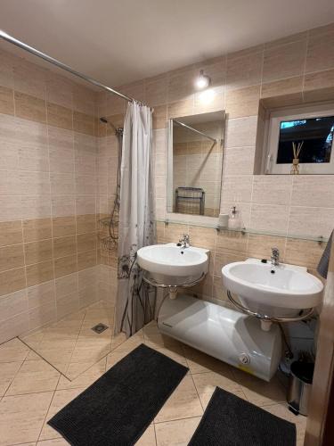 a bathroom with a sink and a toilet and a mirror at Domček Ami in Stará Lesná