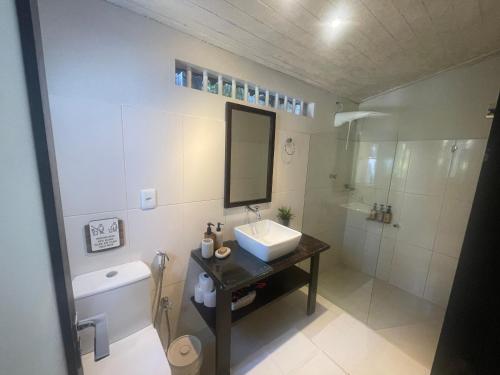 a bathroom with a sink and a toilet and a mirror at Mangueira Boutique Hotel Moreré in Moreré