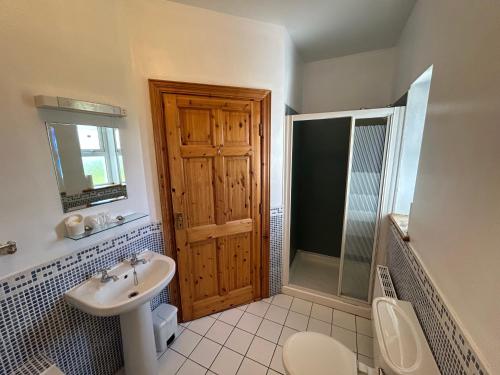 a bathroom with a sink and a toilet and a shower at Dingle Mist in Dingle