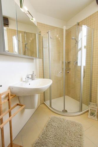 a bathroom with a sink and a shower at Ferienhaus Dwarslöper mit Sauna und Garten in Fuhlendorf in Fuhlendorf
