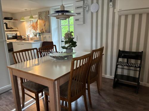 a kitchen with a dining room table and chairs at Charming holiday home on the harbour (5 persons) in Rødvig