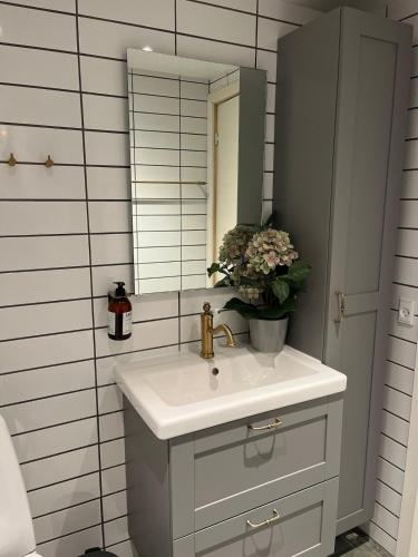a bathroom with a sink and a mirror at Charming holiday home on the harbour (5 persons) in Rødvig