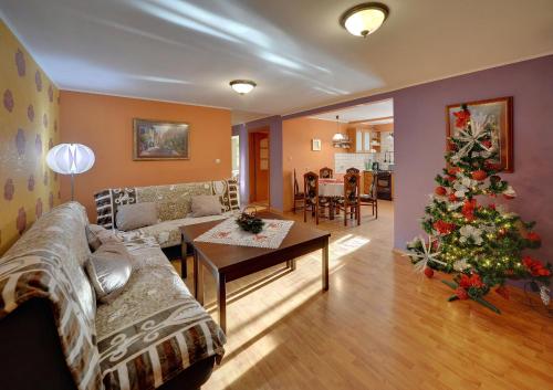 a living room with a christmas tree in the corner at Apartamenty i Pokoje w centrum Karpacza in Karpacz