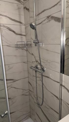 a shower in a bathroom with a glass door at Apartament 4 Słoneczna in Ełk