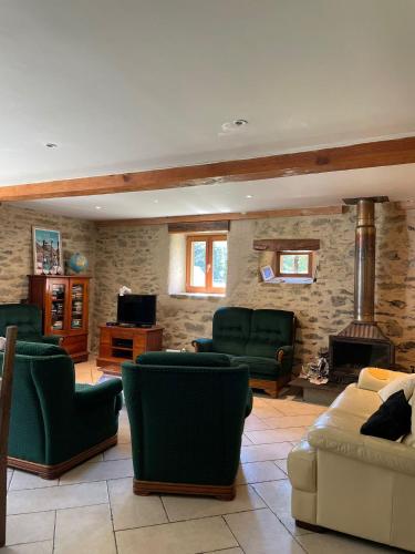 a living room with green furniture and a fireplace at Chez Baptistète in Labastide