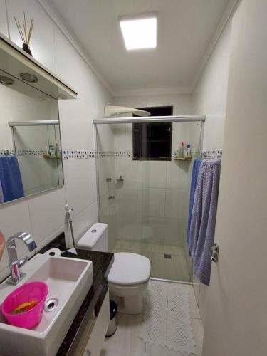 a bathroom with a sink and a toilet and a shower at Apartamento prox Praça Nova Shopping in Araçatuba