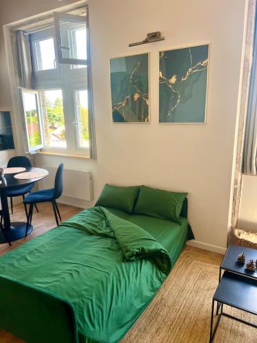 a green bed in a room with a table and chairs at Le Cocon du Mont'Anay in Montanay