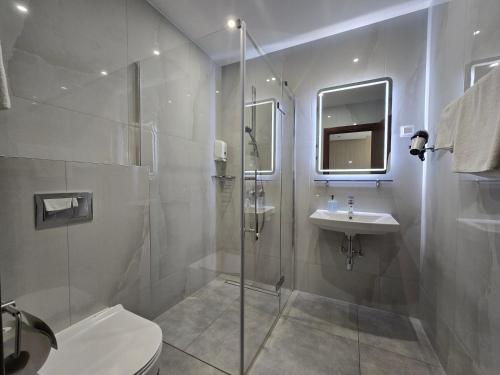 a bathroom with a shower and a toilet and a sink at Olympus Hotel in Kaunas