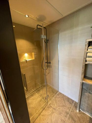 a shower with a glass door in a bathroom at B&B Opoes huusie in Lutten