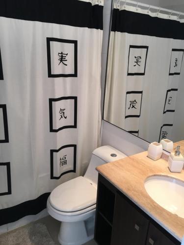 a bathroom with a toilet and a shower curtain at Departamento Playa Herradura in Coquimbo