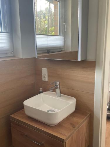a bathroom with a white sink and a mirror at Haus Eva in Groß Gusborn