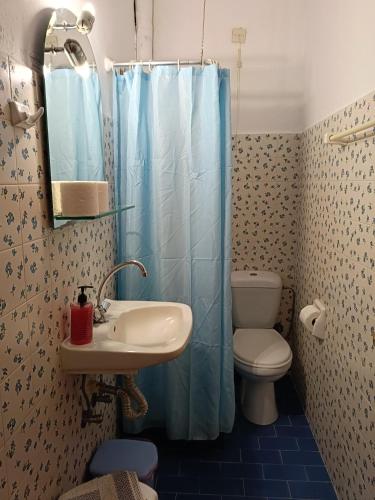 a bathroom with a sink and a toilet and a shower at Eri Studios in Agia Marina Aegina