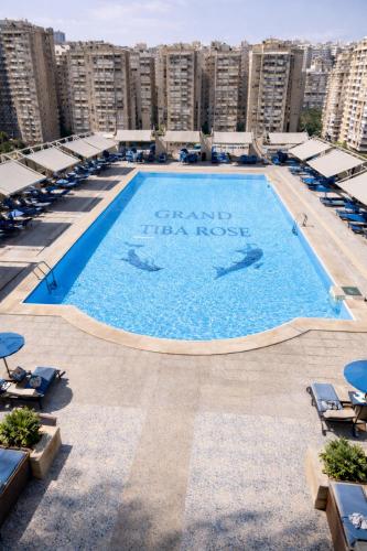 a large swimming pool with two dolphins in the water at Grand Tibarose Hotel in Cairo