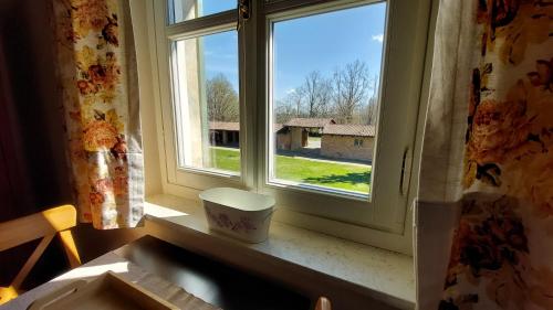 a window with a cup sitting on a window sill at Cascina Barosca in Castelnuovo Don Bosco