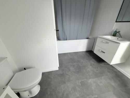 a bathroom with a toilet and a sink and a tub at La nouvelle école in Ruillé-en-Champagne