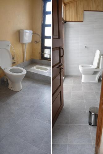 two pictures of a bathroom with a toilet and a door at Himalayan siddhi yog aashram in Badrinath
