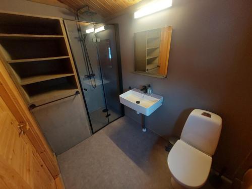 a bathroom with a toilet and a sink and a shower at Rondane River Lodge in Enden