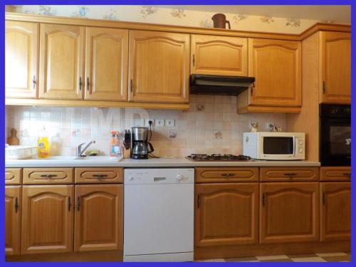 a kitchen with wooden cabinets and a white appliance at Le Pakitoun in Boisse-Penchot