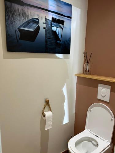 a bathroom with a toilet and a picture of a boat at Gîte de Combe Falce in Salignac Eyvigues