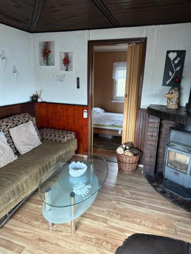 a living room with a couch and a fireplace at Katka in Cheb