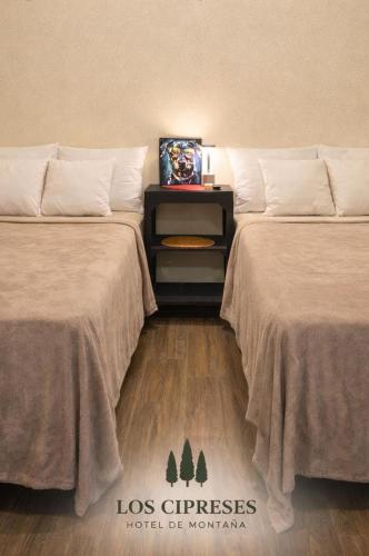 two beds sitting next to each other in a room at Los Cipreses Eco Hotel in Sonsonate