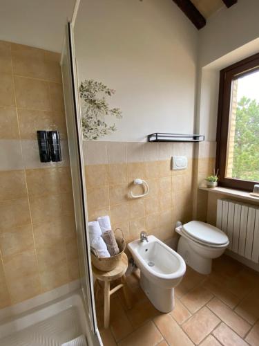 a bathroom with a shower and a toilet and a sink at Agriturismo Fontelini in Cingoli